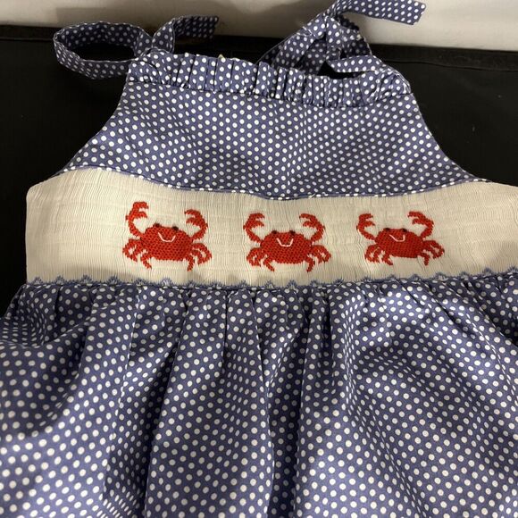 Southern Sunshine Smocked CRABS, Polkadots Blue & White Sundress Sz 3 - Picture 2 of 9